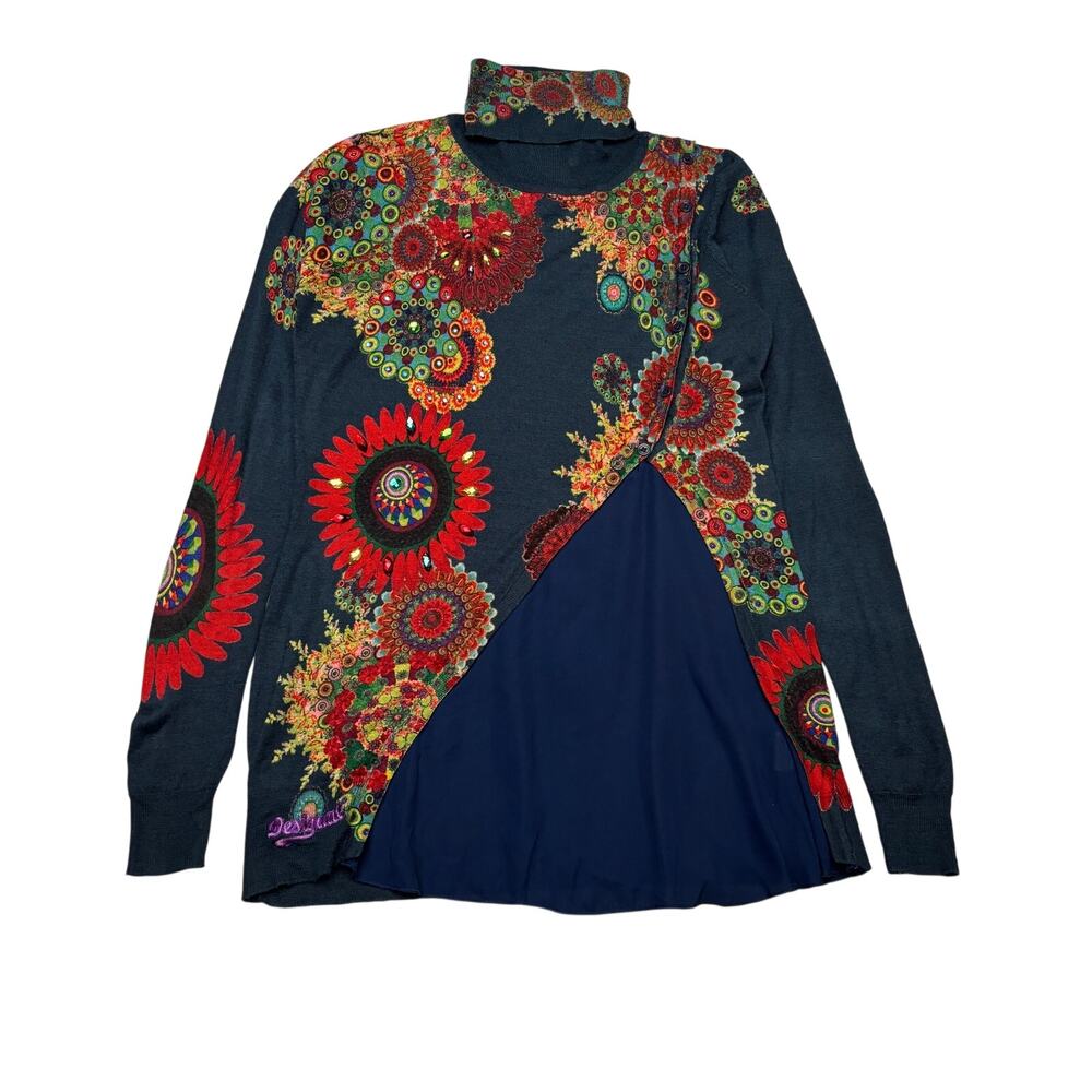Desigual Forever Sweater Women's Large Wool Floral Turtleneck Tunic Boho